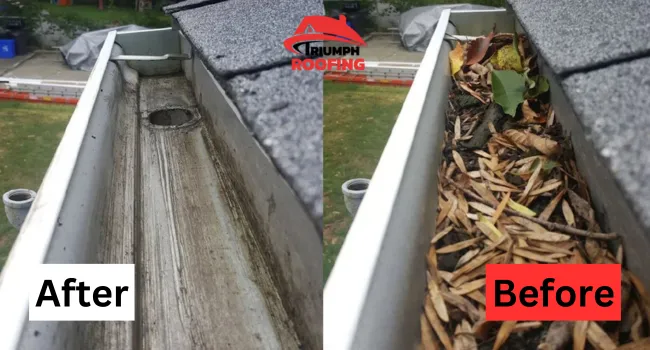 Before and after gutter cleaning by Triumph Roofing Charlotte NC, showcasing professional debris removal and improved water flow for home protection