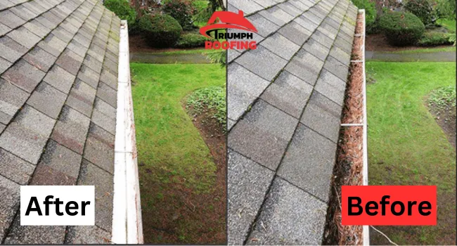 Triumph Roofing Charlotte NC demonstrating expert gutter cleaning services, removing clogs and preventing water damage with before and after comparison