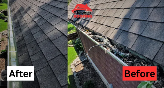 Triumph Roofing Charlotte NC demonstrating gutter cleaning services, removing clogs and preventing water damage with before and after comparison