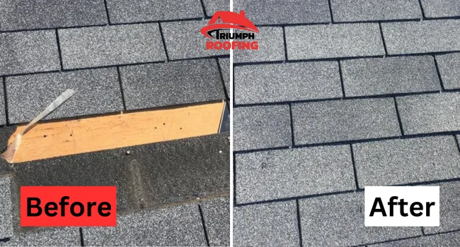 Damaged roof before repair by Triumph Roofing in Charlotte, showing missing shingles and wear