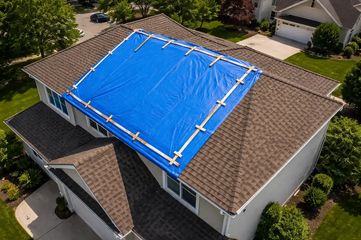 Emergency roof tarping after storm damage on Charlotte NC home by Triumph Roofing