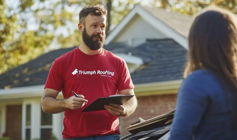 A Triumph Roofing expert meeting with a roof insurance adjuster, ensuring accurate assessment and claim approval for a roof repair in Charlotte