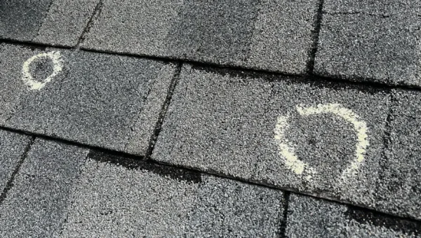 Close-up of asphalt roof shingles with chalk circles highlighting hail damage, indicating the need for roof replacement in Charlotte