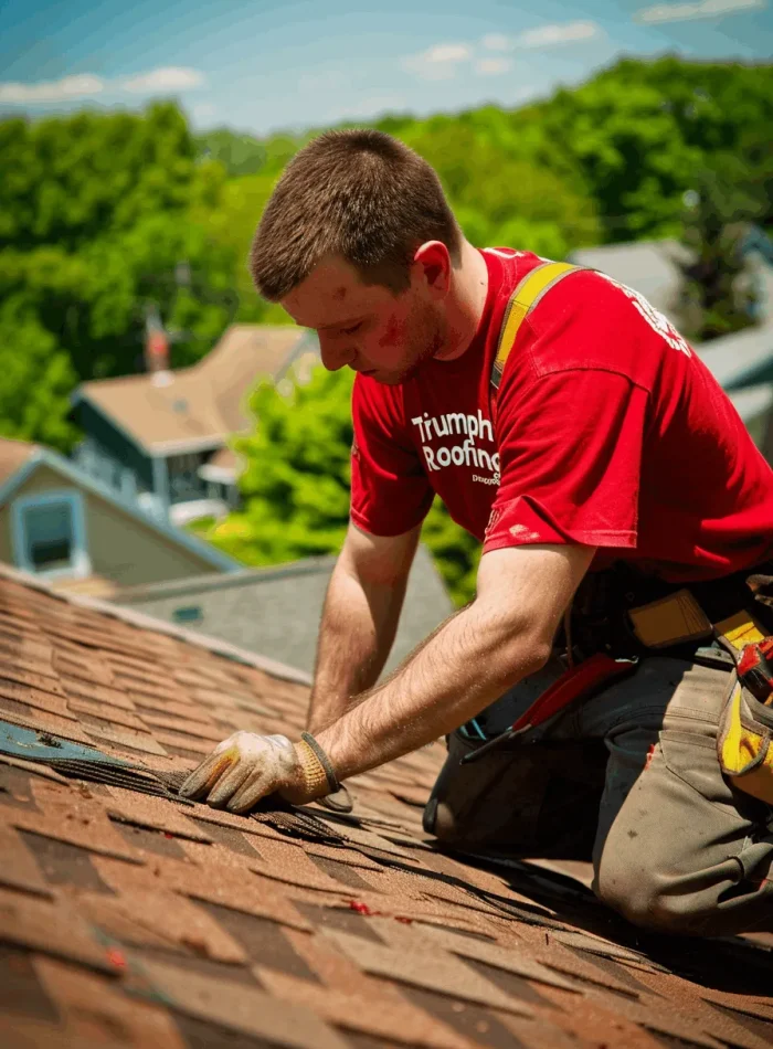 Skilled roofer from Triumph Roofing expertly working on a roof in Matthews, NC