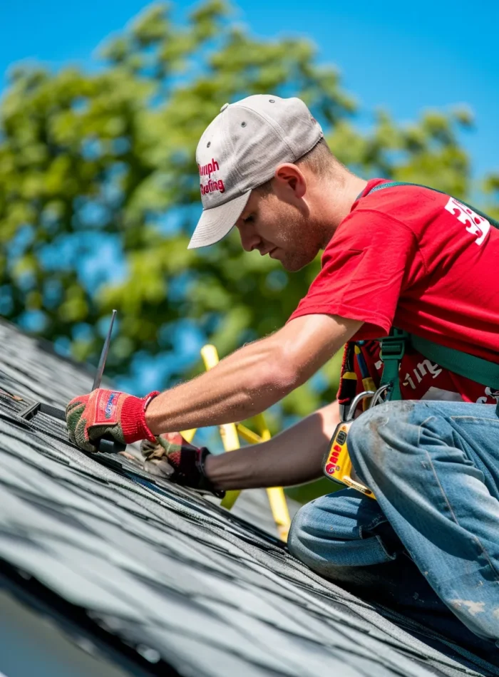 Experienced Triumph Roofing contractor repairing a roof with professional tools in Mint Hill, NC