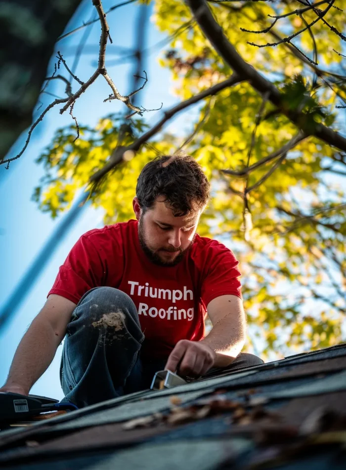 A skilled Triumph Roofing contractor working diligently on a residential roof in Indian Trail, NC