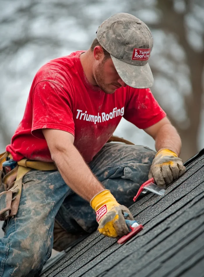 A Triumph Roofing contractor working diligently on a residential roof in Denver, NC, showcasing expert craftsmanship and attention to detail for quality roofing solutions