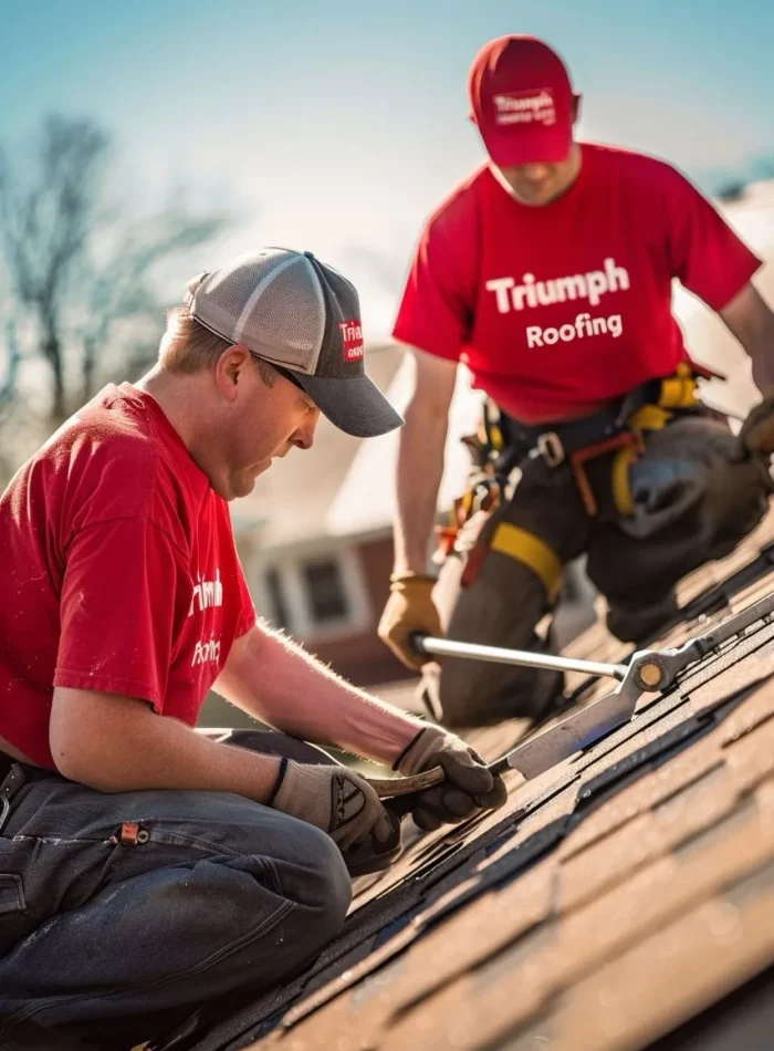 Triumph Roofing contractors diligently working on a residential roof in Davidson, NC, ensuring quality and durability.