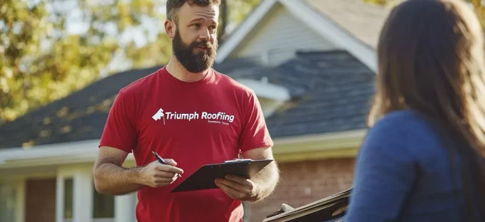 A Triumph Roofing expert meeting with a roof insurance adjuster, ensuring accurate assessment and claim approval for a roof repair in Charlotte