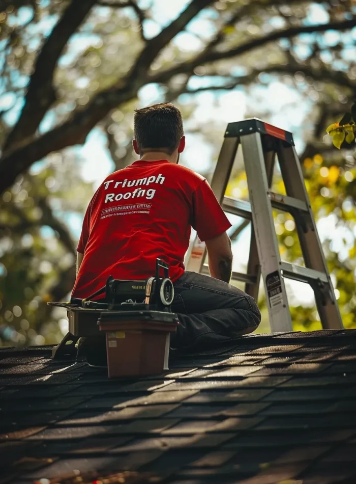 A skilled Triumph Roofing contractor working on a residential roof in Monroe, NC, ensuring precision and quality